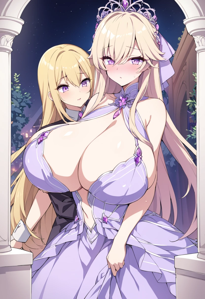 Cristalina, 20 years old, long blonde hair, light lilac eyes, huge breasts, lilac gala dress with crystals, taking the prince to the palace garden to seduce him with a flirtatious look at night.hentai