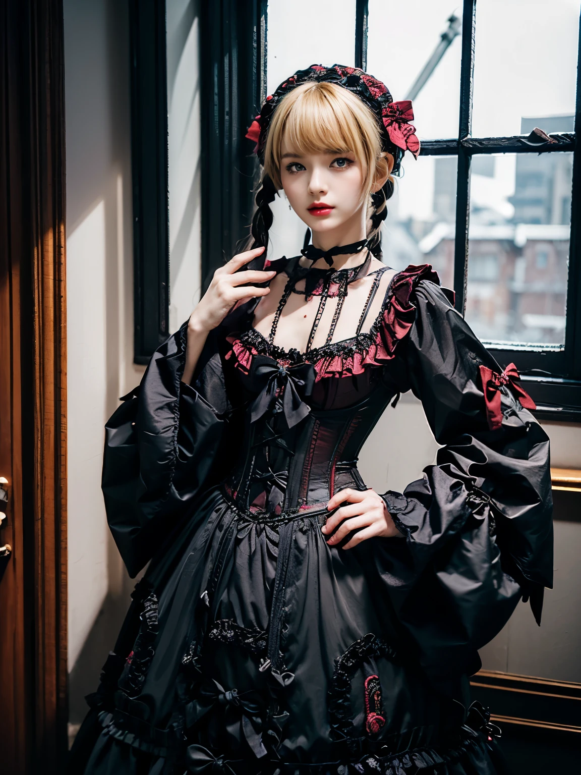 raw photo, 8k, (top-quality), Realistic, (real picture, Intricate details), (natural skin texture, detailed skin, hyper realism, sharpness), ((corset dress with black and purple, gothic decorative corset, big black ribbon)), (pale skin:1.3, slender body), (Japanese girl standing in luxury hotel at night, Suite Room), ((light blonde twintail hairstyle, blunt bangs)), (provocative look, Parted lips:1.3, eye shadow, eyeliner, eye bag:1.3, red thick lips, under eye circle), night time, big window, Snowy scenery outside the big window