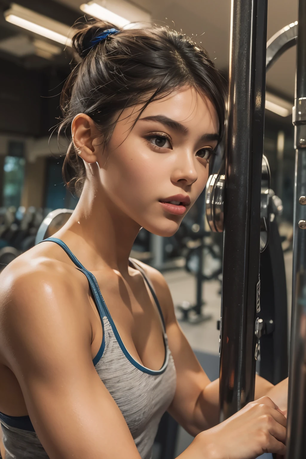Araped woman with short hime hair, doing strength training at the gym, Madison Beer, without makeup, Profile picture, Use Instagram Filters, Subtle soft and dim light,  perfect face, julia sardinian, perfect hands, Random Actions, Full-body view, 