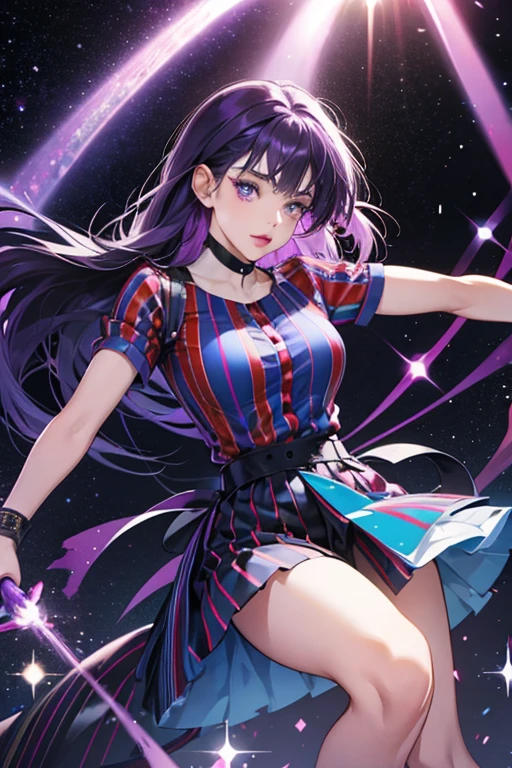 She has dark purple hair, wears a red-violet shirt, has striped blue arms and legs, blue eyelids, violet lips, and light blue skin. SPARKLE; GLITTER