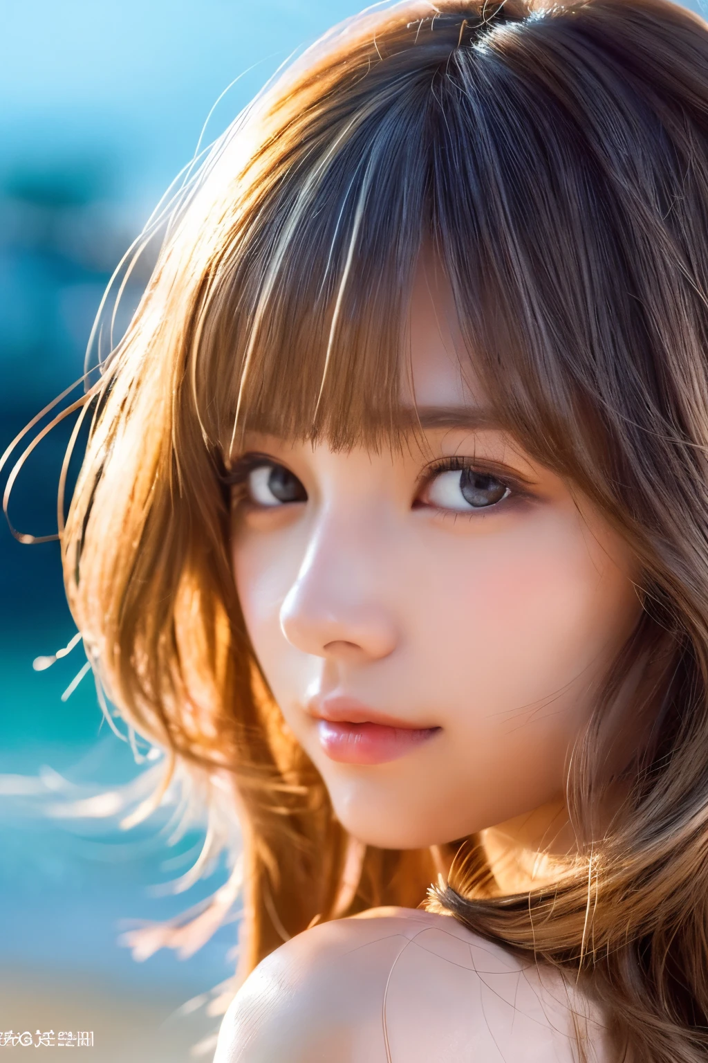 ((No makeup:1.2))、((Close-up of face:1.6))、(Realistic、Photorealistic、Very detailed、Best detailed skins、highest quality、masterpiece、超A high resolution)、Cute Japanese Woman、、high school girl、Young girl、1 girl、Has bangs、Ash Blonde:1.7、double eyelid、Drooling eyes、Japanese style face、purity、Realistic肌タイプ、Fluffy hair、Red cheeks、The wind is blowing、night、illumination、Lighting from behind、((Medium Hair、Beach、White underwear、French twist hair))