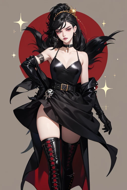 best quality, ultra high resolution, 1girl, pale skin, long black sleeveless dress, black gloves, belly, black choker, scary, black hair, full body, frontal, black hat, anorexic, thin, very thin, death, black lipstick,ghost