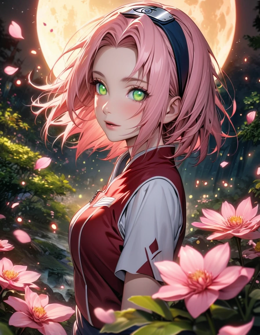 Ultra detailed, highres, absurdres, HDR, Haruno Sakura, pink short hair, green eyes, Naruto Shippuden, pink flowers, petals, fireflies, moon, 1 woman, extremely beautiful, very detailed face and eyes