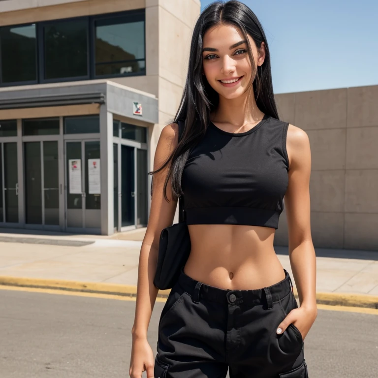 girl, beautiful, teenager, black hair, blue eyes, blue eyes, Black sleeveless crop top, black cargo pants , Isis Valverde's face, Full body,beautiful smile, at school