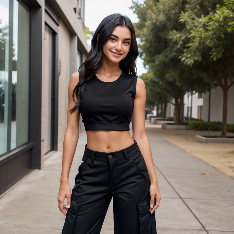 girl, beautiful, ager, black hair, blue eyes, blue eyes, Black sleeveless crop top, black cargo pants , Isis Valverde's face, Full body,beautiful smile, at school