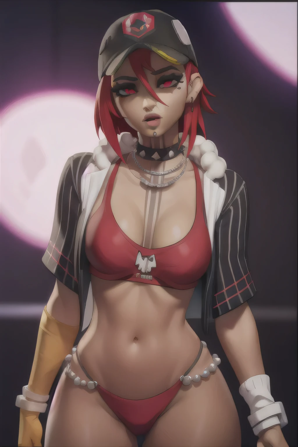xyzdusty, (realista:1.3), 1 chica, mirando_en_espectador, corto_cabello, rosa, ojos rojos, hen, joyas, gargantilla, Bikini negro, solo, tentoo, Picos, Cuello, neck tentoo, piercings, Collar de perlas, perlas grandes, renderizado de octanaje, cgi, 3D, chaqueta a rayas, white sclera