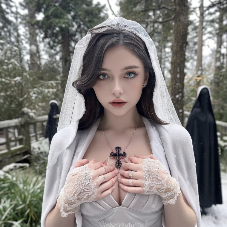 1 miniature Beautiful beautiful woman - Yuan Sayuki, ((top quality, 8K, Masterpiece:1.retty woman, 1 woman, huge breasts:1.3, a slim body:1.1, lush white short hair, (shower, wet body, wet clothes:1.1), very detailed face, detailed lips, detailed eyes, double eyelids, Detailed blue eyes, чрезвычайно Detailed Outstanding Blue Eyes, short white wet hair, white wet hair, Detailed Outstanding Blue Eyes, innocent look at the viewer, very wet wavy white hair, Detailed Outstanding Blue Eyes, huge cross earrings, Outdoors, badges behind, gothic wedding uniform, sexy gothic style wedding dress with veil, bare chest, huge chest tattoo wearing a wreath, detailed huge catholic cross earrings, chest tattoo, Outside - there are trees and a buddhist temple in the background (mountain vicinity), wear a silver cross (Detailed cross shape), reality mode, wet breasts, black necklace, black wedding dress and black veil, human crowd behind, head/forehead chain veil, black latex gloves, naked breasts, naked breasts, naked nipples, hair of white snowy colour, night time, red neon lights, demonic nun, nimbus (golden lighting ring above her head), angel, snowy weather, Detailed buddhist temple behind