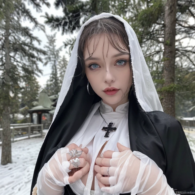1 miniature Beautiful beautiful woman - Yuan Sayuki, ((top quality, 8K, Masterpiece:1.retty woman, 1 woman, ????????????:1.3, a slim body:1.1, lush white short hair, (shower, wet body, wet clothes:1.1), very detailed face, detailed lips, detailed eyes, double eyelids, Detailed blue eyes, чрезвычайно Detailed Outstanding Blue Eyes, short white wet hair, white wet hair, Detailed Outstanding Blue Eyes, innocent look at the viewer, very wet wavy white hair, Detailed Outstanding Blue Eyes, huge cross earrings, Outdoors, badges behind, gothic wedding uniform, ???? gothic style wedding dress with veil, ???? ?????, ?????????? tattoo wearing a wreath, detailed huge catholic cross earrings, ????? tattoo, Outside - there are trees and a buddhist temple in the background (mountain vicinity), wear a silver cross (Detailed cross shape), reality mode, wet ???????, black necklace, black wedding dress and black veil, human crowd behind, head/forehead chain veil, black latex gloves, ????? ???????, ????? ???????, ????? ???????, hair of white snowy colour, night time, red neon lights, demonic nun, nimbus (golden lighting ring above her head), angel, snowy weather, Detailed buddhist temple behind