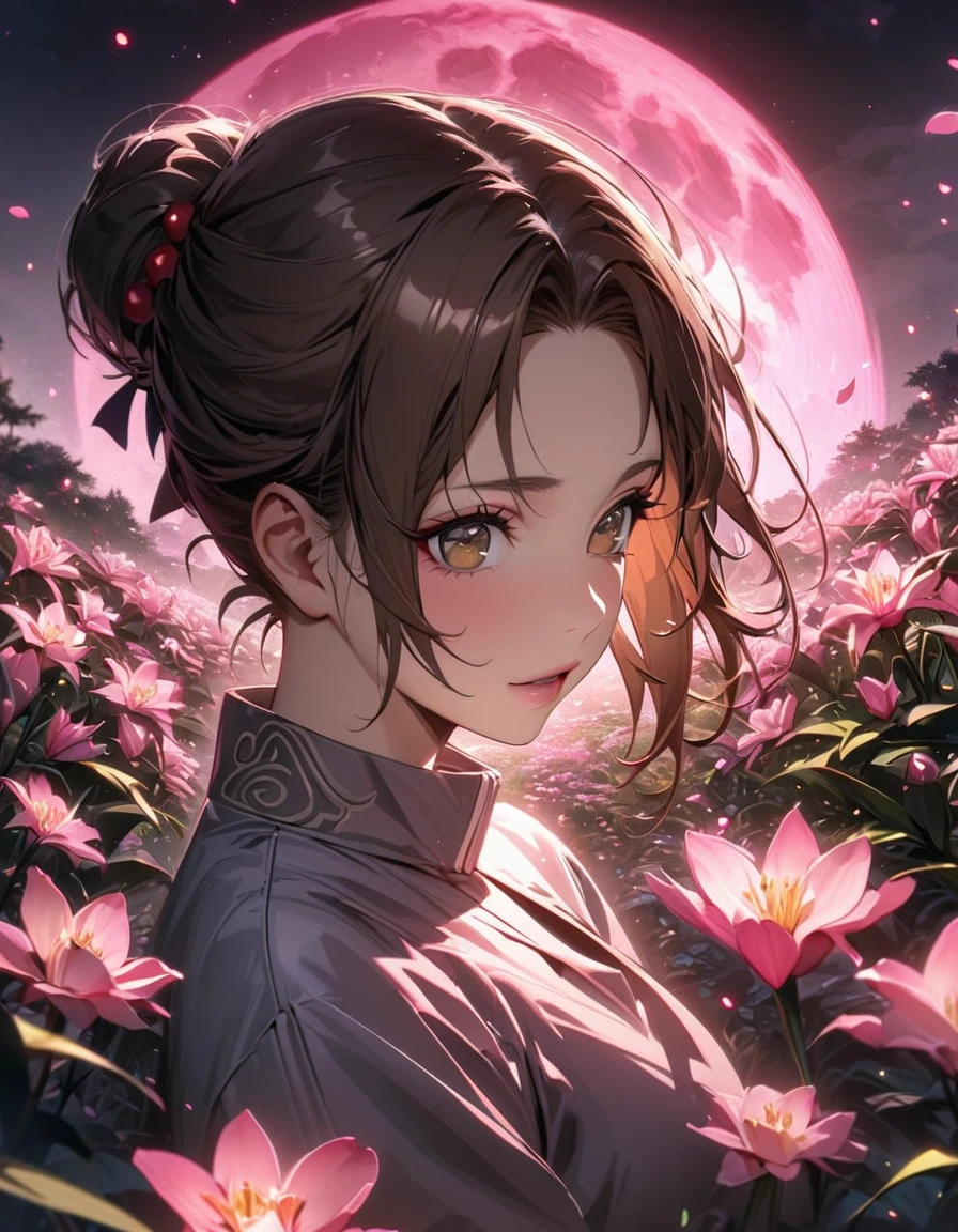 absurdres, highres, ultra detailed, HDR, master piece, best quality, Tenten, brown hair, expressive brown eyes, Naruto Shippuden, 1woman, extremely beautiful, pink petals, pink lilies, pink moon, fireflies