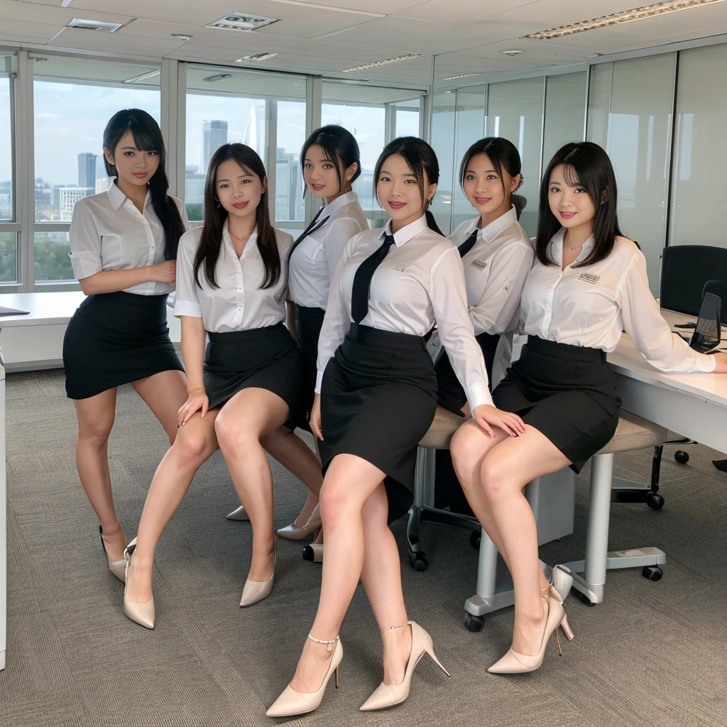 ((Best Quality, 8k, Masterpiecedetails, ultra-high resolution)), (group picture),(looking at the viewer), (full shot:), attractive business 5 milfs, 5 people, a bit chubby:0.25, seductive expression, white collared shirt, grey skirt, (sitting with cross legs on office desks)), smile, office of CEO