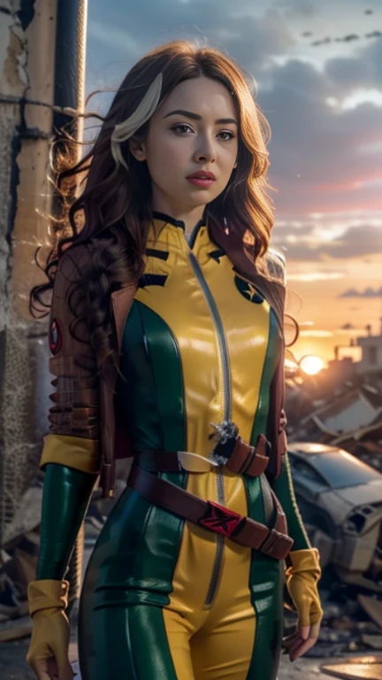 Karen Gillan、Wet、Full body view, Long Hair, brown hair, Green Eyes, lipstick, compensate, lips,Emphasize cleavage、 sexy、White stripes in hair, like, Wavy Hair, Messy Hair, Curly Hair, middle～Large breasts, Surface Plot, ((Kelli Berglund:Bailee Madison:0.5)), 黄colorのスーツ, Jacket, gloves, belt, gloves amarillos, Green Suit, (Bodysuits:1.4), Traje multicolor, (Superhero:1.4), tight skin, Ropa multicolor, Garden and wisteria background, Official Art, extremely detailed CG 8k wallpaper, Perfect lighting, De color, bright_amount_method_Light, piel bright, (masterpiece:1.0), (Better_quality:1.0), Ultra-high resolution, 4k , Super detailed, Director of Photography, 8k, HDR, Altas ResoLightones, (Disorganized:1.2), Kodak Portrait 400, Film Grain, blurred background, (Bokeh:1.2), Lens flare, (Vibrant_color:1.2), Professional photography, (beautiful_method:1.5),More detailed 8K.Unreal Engine:1.4,Hmm,La Better calidad:1.4, Realistic:1.4, skin temperature:1.4, masterpiece:1.8,masterpiece, Better calidad,Object Object], (Detailed facial features:1.3),(Antesedentes apocalyptic destroyed city:1.4), (Apocalyptic Sunset:1.4)