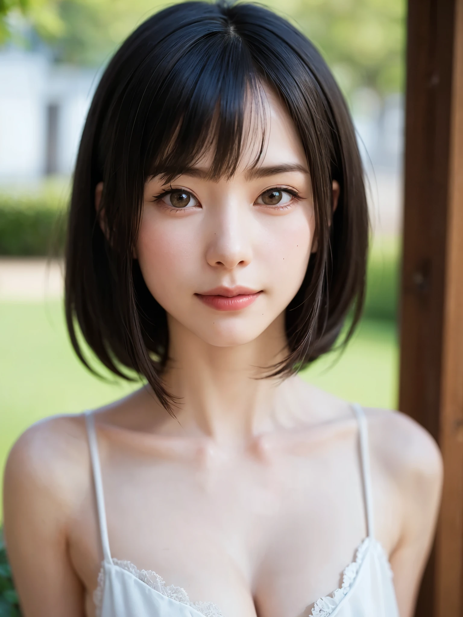 1 girl、highest quality、Realistic、alone、Written boundary depth、Natural soft light、Daytime、charm、Beautiful Face、Cleanliness、Pure Face、White skin、cute、short hair、bright hazel eyes:1.9、Beautiful Lips、bangs:1.6、Beach、Light of the sun、Nedium Breast Body Esbian、((黄金比のBeautiful Face、 対称性のあるBeautiful Face))、Long neck、show me your ears、Stick out your ears。bangsのあるきれいな短いボブヘア、smile with your mouth closed、Perfect hands指、Perfect hands、Perfect body、Perfect Face、Shine a light into your eyes、Perfect Anatomy:1.6、とてもcuteスーパーモデル:1.6、{Huge|big|Hugeな|Mega} chest, chestの谷間、smile:1.6、Very beautiful teeth:1.6、Turn your face slightly to the left:1.9、Staring at the audience