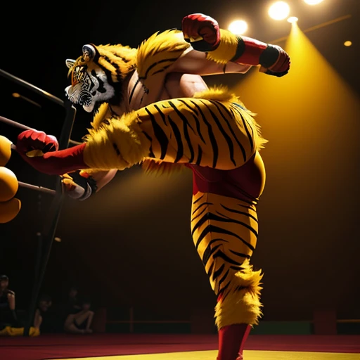 tiger mask creature, Muay Thai style, yellow and red colors, kicking pose, full body, Animal Anthropomorphism, realistic digital, humanoid, abstract background, global illumination, intricate, epic, dramatic, masterpiece, high detail, best quality, ultra high res, big bulge