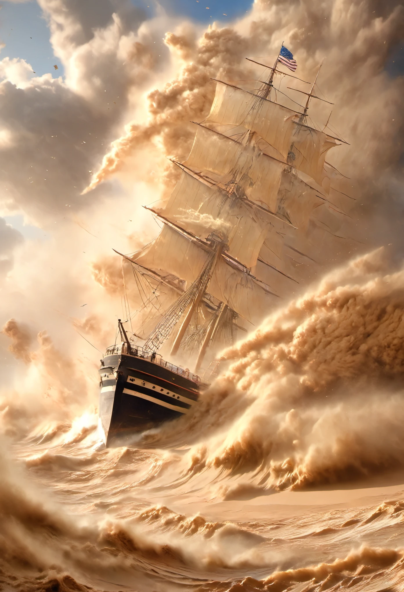 masterpiece, best quality, extremely detailed, hyperrealistic, photorealistic, on the sea:1.3, sandstorm, sandstorm engulfing the ship, explosion:1.2, strong wind, sand wave

