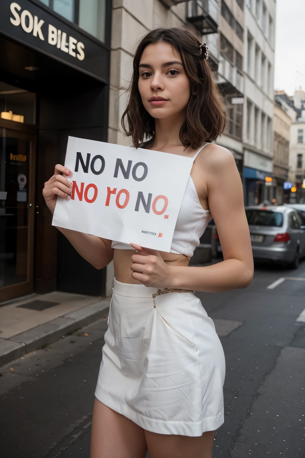 a beautiful woman holding a sign saying "WHERE ARE MY FINGERS?"