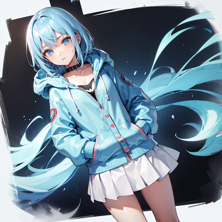1 girl, alone, Light blue hair, Flat Chest, Button hoodie, put on the hood, Put your hands in your pockets, skirt,