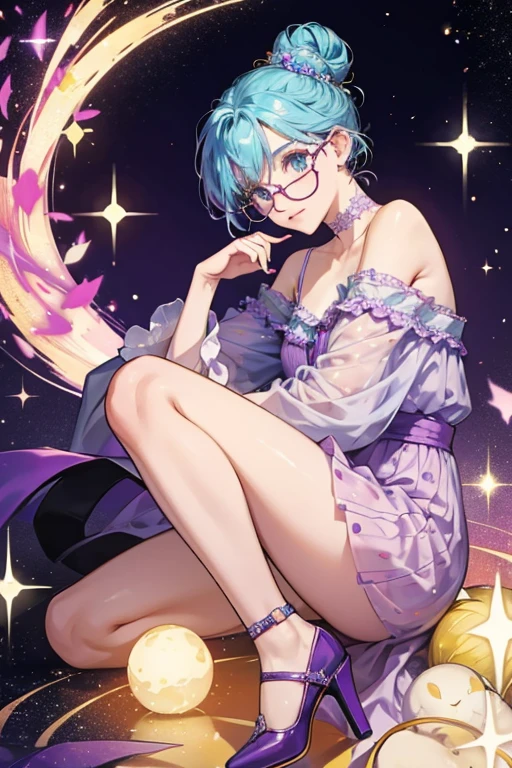 Grandma wears a light purple nightgown with dark purple spots, golden glasses, and dark purple high-heel shoes. Her hair is light blue and in a bun. She has a light green skin tone. SPARKLE; GLITTER