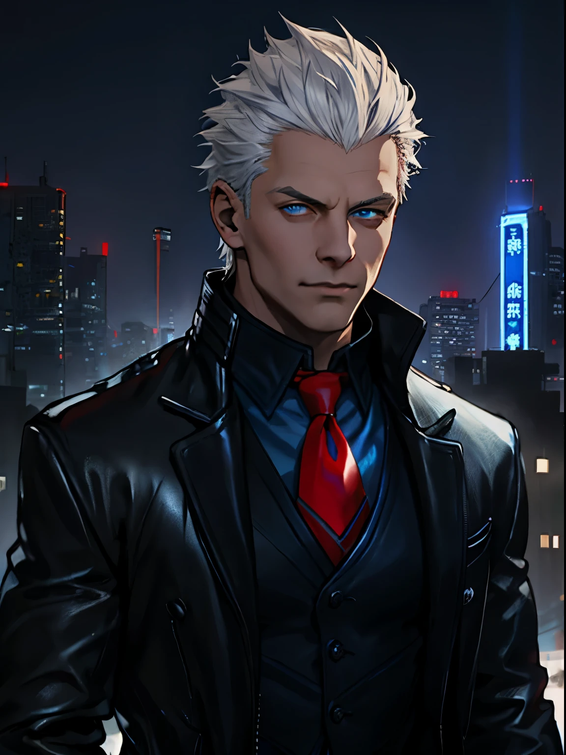 male, white hair combed back, blue eyes, blue leather jacket with red lining, black shirt, red tie, black vest. A detailed eye. City at night background.