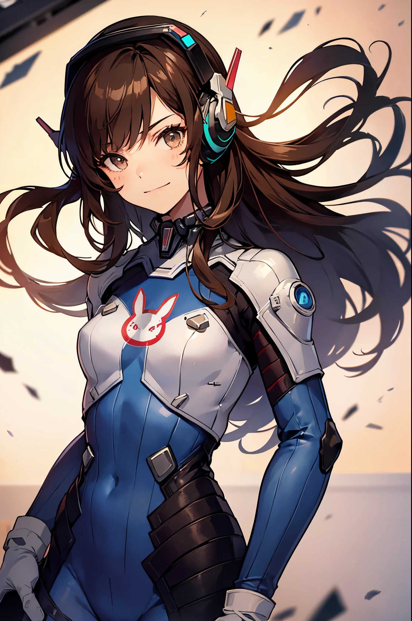 (masterpiece, best quality:1.2), expressive eyes, perfect face, highres, 1girl, solo, aahana, long hair, brown hair, headphones, whisker markings, shoulder pads, blue bodysuit, ribbed bodysuit, animal print, clothes writing, long sleeves, white gloves, smiling, standing, cowboy shot, looking at the viewer