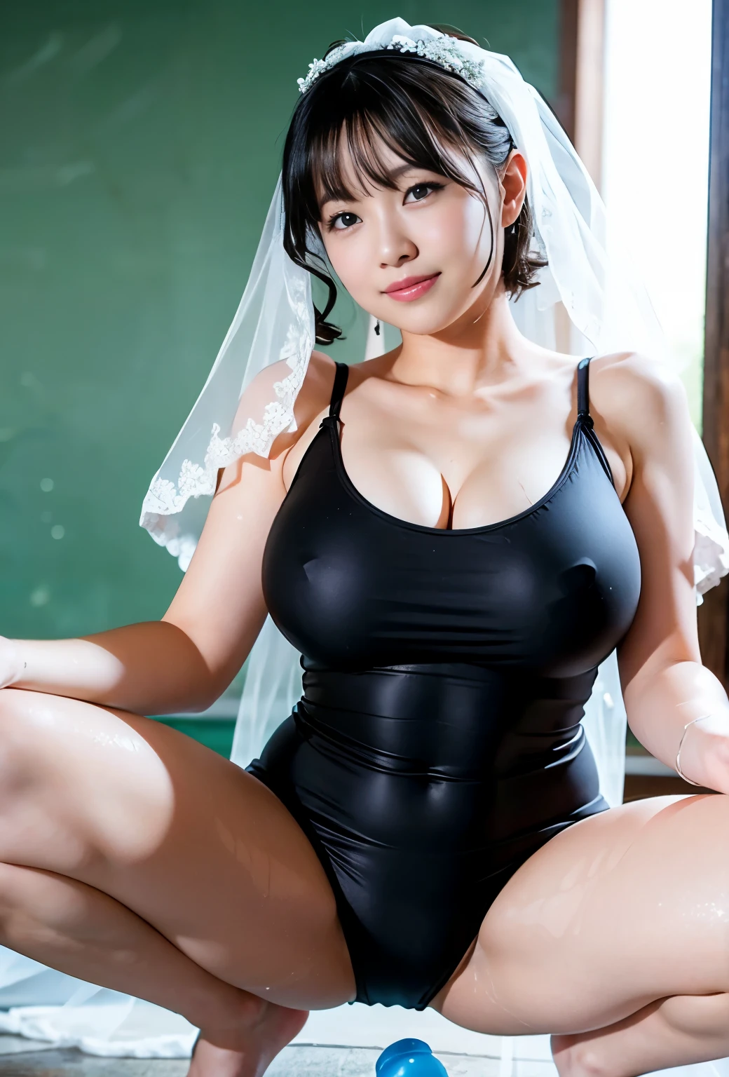 1 girl,short hair,OK, Smooth, White skin,smile,Happy,Looking at the audience,(Bright red lips,blush:0.7),Fine skin,clean,Cinema Lighting,Cinematic Flowers,Japanese Girls,Beautiful brown eyes,alone,Mature Woman,Beautiful black hair,Huge breasts,(((school swim suits, Wedding Veil)),),Beautiful nipples,(Pussy,Fenbush),pubic hair,sleeping alone'Came back,Spread your legs,((dildo in Pussy)),Love Juice、
masterpiece,最high quality,high quality,High resolution,Natural light,Ray Tracing,Volumetric Light,Realistic,photoRealistic,ultra High resolution,wonderful, Focus Crotch、Squat,