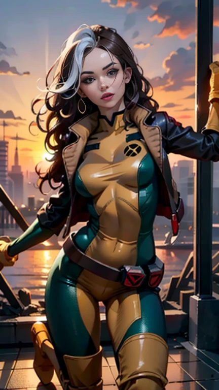 Karen Gillan、Wet、Full body view, Long Hair, brown hair, Green Eyes, lipstick, compensate, lips,Emphasize cleavage、 sexy、White stripes in hair, like, Wavy Hair, Messy Hair, Curly Hair, middle～Large breasts, Surface Plot, ((Kelli Berglund:Bailee Madison:0.5)), 黄colorのスーツ, Jacket, gloves, belt, gloves amarillos, Green Suit, (Bodysuits:1.4), Traje multicolor, (Superhero:1.4), tight skin, Ropa multicolor, Garden and wisteria background, Official Art, extremely detailed CG 8k wallpaper, Perfect lighting, De color, bright_amount_method_Light, piel bright, (masterpiece:1.0), (Better_quality:1.0), Ultra-high resolution, 4k , Super detailed, Director of Photography, 8k, HDR, Altas ResoLightones, (Disorganized:1.2), Kodak Portrait 400, Film Grain, blurred background, (Bokeh:1.2), Lens flare, (Vibrant_color:1.2), Professional photography, (beautiful_method:1.5),More detailed 8K.Unreal Engine:1.4,Hmm,La Better calidad:1.4, Realistic:1.4, skin temperature:1.4, masterpiece:1.8,masterpiece, Better calidad,Object Object], (Detailed facial features:1.3),(Antesedentes apocalyptic destroyed city:1.4), (Apocalyptic Sunset:1.4)