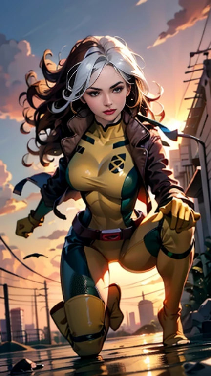 Karen Gillan、Wet、Full body view, Long Hair, brown hair, Green Eyes, lipstick, compensate, lips,Emphasize cleavage、 sexy、White stripes in hair, like, Wavy Hair, Messy Hair, Curly Hair, middle～Large breasts, Surface Plot, ((Kelli Berglund:Bailee Madison:0.5)), 黄colorのスーツ, Jacket, gloves, belt, gloves amarillos, Green Suit, (Bodysuits:1.4), Traje multicolor, (Superhero:1.4), tight skin, Ropa multicolor, Garden and wisteria background, Official Art, extremely detailed CG 8k wallpaper, Perfect lighting, De color, bright_amount_method_Light, piel bright, (masterpiece:1.0), (Better_quality:1.0), Ultra-high resolution, 4k , Super detailed, Director of Photography, 8k, HDR, Altas ResoLightones, (Disorganized:1.2), Kodak Portrait 400, Film Grain, blurred background, (Bokeh:1.2), Lens flare, (Vibrant_color:1.2), Professional photography, (beautiful_method:1.5),More detailed 8K.Unreal Engine:1.4,Hmm,La Better calidad:1.4, Realistic:1.4, skin temperature:1.4, masterpiece:1.8,masterpiece, Better calidad,Object Object], (Detailed facial features:1.3),(Antesedentes apocalyptic destroyed city:1.4), (Apocalyptic Sunset:1.4)