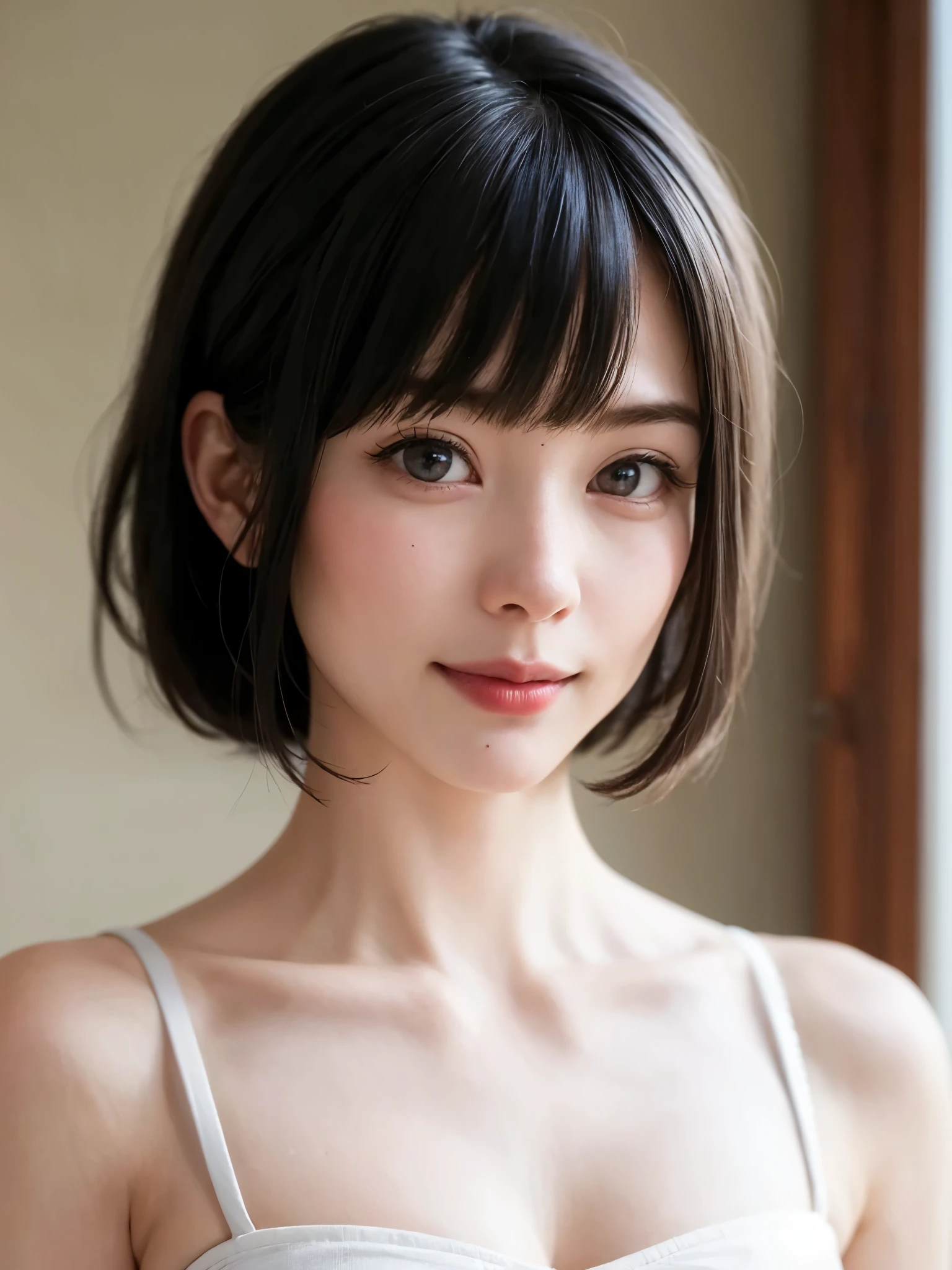 1 girl、highest quality、Realistic、alone、Written boundary depth、Natural soft light、Daytime、charm、Beautiful Face、Cleanliness、Pure Face、White skin、cute、short hair、bright hazel eyes:1.6、Beautiful Lips、bangs、Beach、Light of the sun、Nedium Breast Body Esbian、((黄金比のBeautiful Face、 対称性のあるBeautiful Face))、Long neck、show me your ears、Stick out your ears。bangsのあるきれいな短いボブヘア、smile with your mouth closed、Perfect hands指、Perfect hands、Perfect body、Perfect Face、Shine a light into your eyes、Perfect Anatomy:1.6、とてもcuteスーパーモデル:1.6、{Huge|big|Hugeな|Mega} chest, chestの谷間、smile:1.6、Very beautiful teeth:1.6