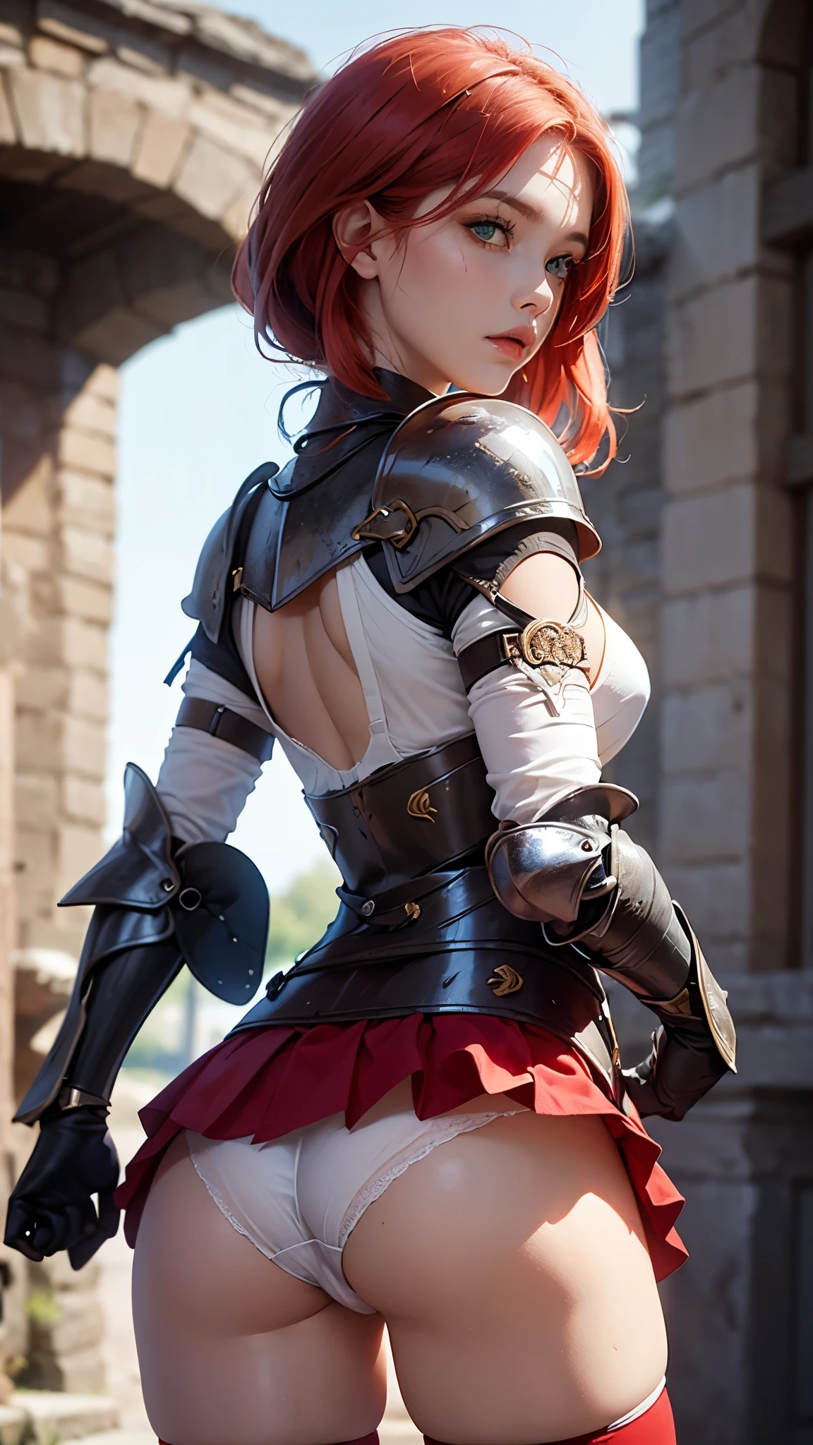 (female warrior: 1.5), (redhead warrior girl: 1.3), 1 girl, solo, pretty girl, young girl, (red hair), (green eyes), thin girl, small breasts, pretty face, slim waist, thin legs , gap between thighs, (knight's armor), (steel breastplate, steel gauntlets, steel gloves: 1.1), (red mini skirt: 1.3), (skirt lift: 1.3), (showing white panties: 1.3), white panties, (thong panties: 1.1), tiny panties, (butt: 1.2), back, (looking back), from behind, from below, (cowboy shot), medieval fantasy, Dungeons and dragons, RPG character, best quality, (masterpiece), ultra-realistic, 8k, (At SFW:1.7)