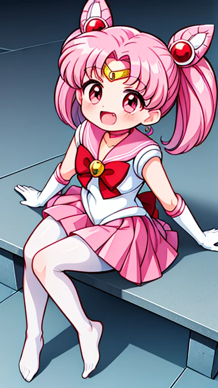 Sailor Moon，young年，Seven years old，cute，（Little Loli），Pink hair twintails，short hair，Sailor Suit，red bow，White elbow gloves，Red Skirt，no shoes，Open your mouth，laughing out loud，Fangs，(White pantyhose),soles of feet，Soles，(young)，(little man)，sit