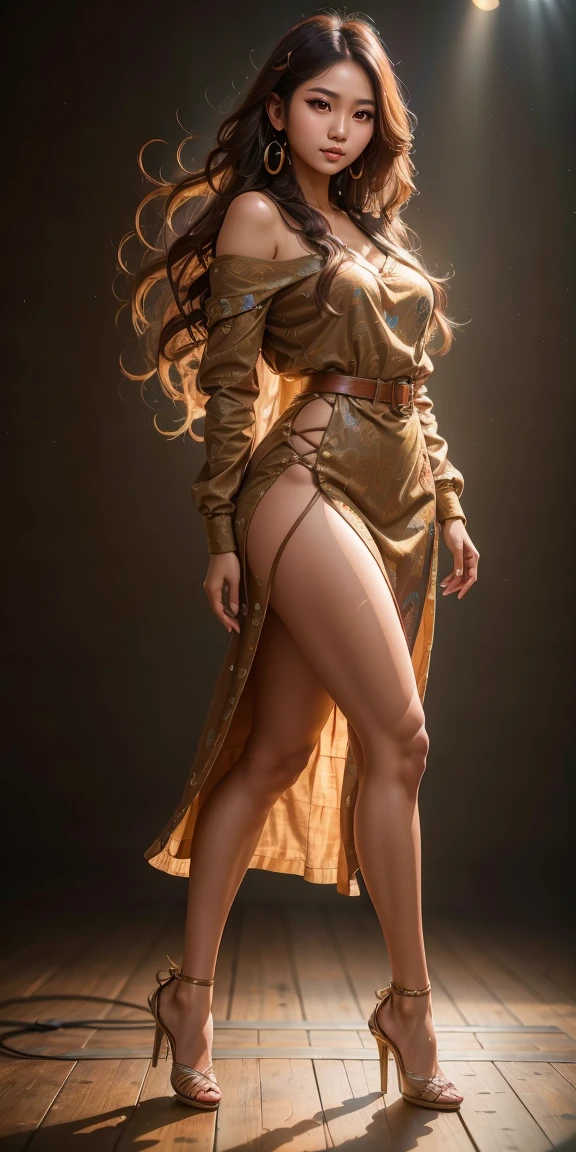 Indonesian woman outdoors, brown skin, solo, long_hair, shirt, dress, high_heels, (thicc:0.8), full_body, look_at_viewer, (8k, RAW photo, best quality, mastery:1.2), (realistic, photo-realistic, soft fill lighting:1.37), professional lighting, photon mapping, light energy transfer, physically based rendering,
