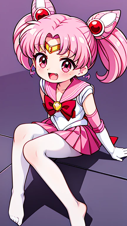 Sailor Moon，young年，Seven years old，cute，（Little Loli），Pink hair twintails，short hair，Sailor Suit，red bow，White elbow gloves，Red Skirt，no shoes，Open your mouth，laughing out loud，Fangs，(White pantyhose),soles of feet，Soles，(young)，(little man)，sit