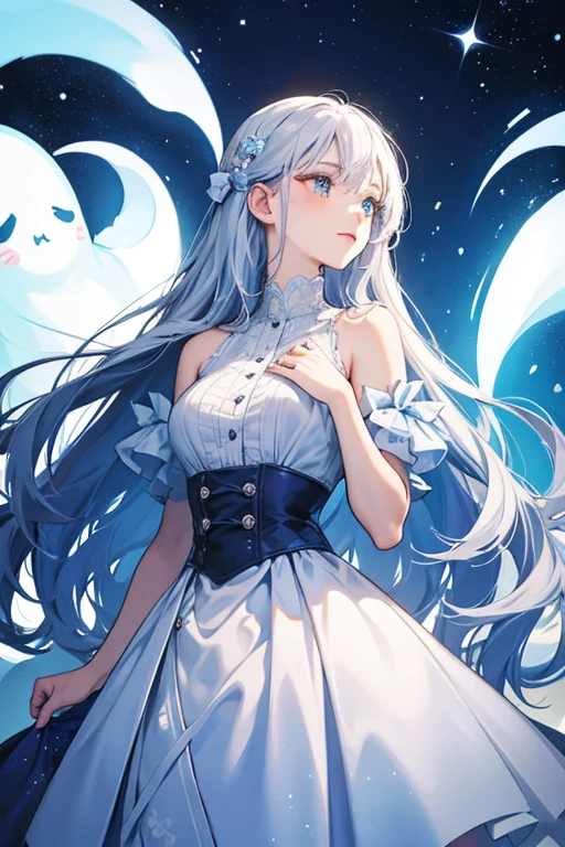 She is a light blue ghost with long white hair. She wears a dress that is a darker shade of blue. Her face is very wrinkly and her pupils are red. SPARKLE; GLITTER