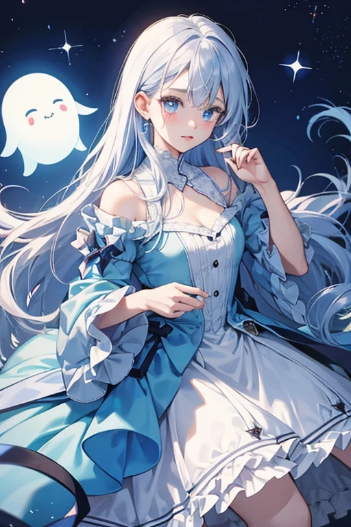 She is a light blue  ghost with long white hair. She wears a dress that is a darker shade of blue. Her face is very wrinkly and her pupils are red. SPARKLE; GLITTER