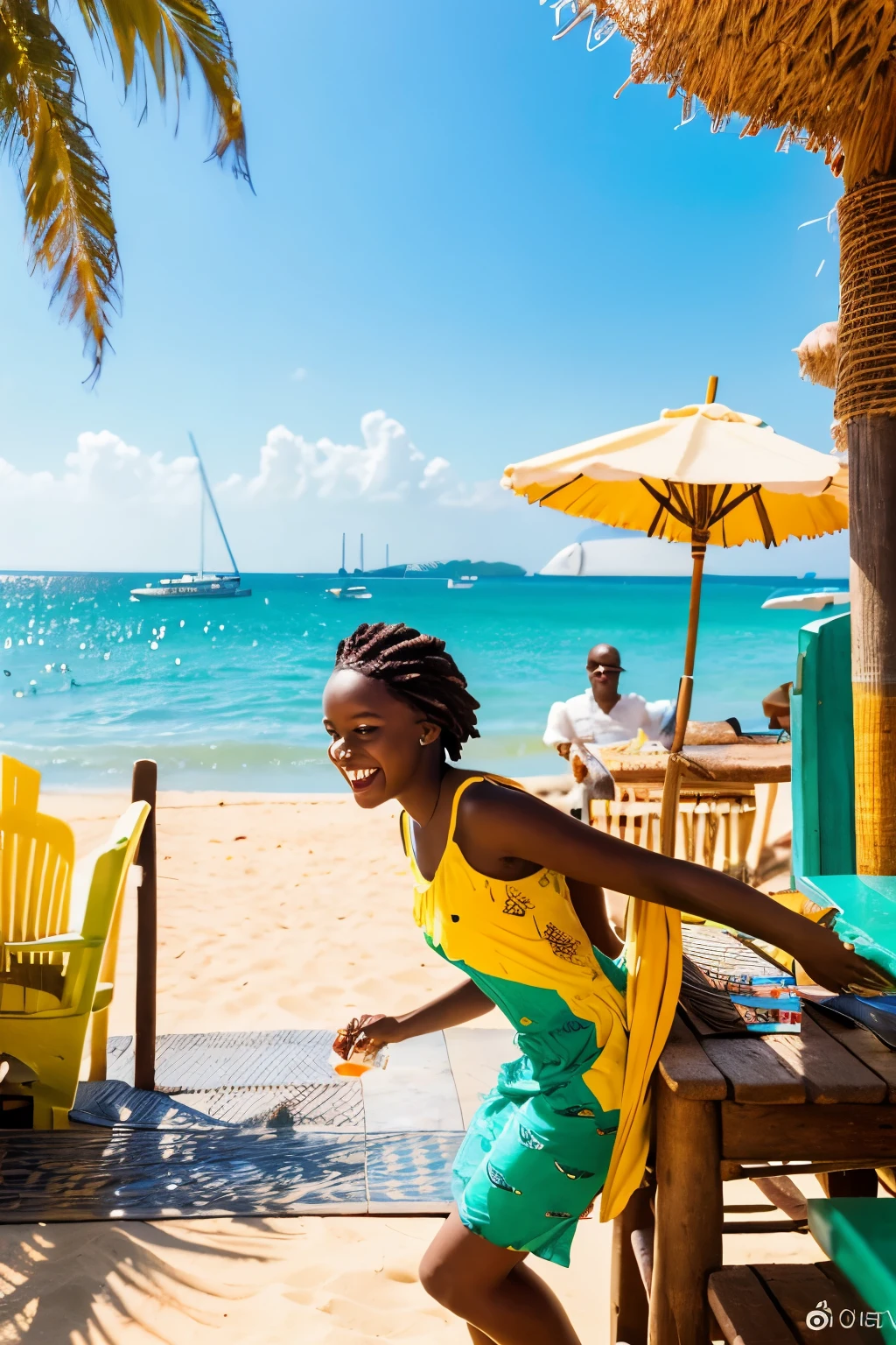 (best quality, ultra-detailed, realistic, highres, masterpiece:1.2), young black African girl with a simple character, beautiful detailed eyes and lips, 21 years old, influencer, enjoying the sunny day on a vibrant beach in Africa. She is dressed in a colorful swimsuit, exuding confidence and radiance. The golden sandy beach stretches as far as the eye can see, with gentle waves crashing against the shore. The crystal-clear turquoise water sparkles under the warm sunlight. Palm trees sway gently in the ocean breeze, providing a shade for a vibrant beachside bar. The girl holds a refreshing tropical fruit drink in her hand, adding a pop of color to the scene. The atmosphere is lively, with cheerful music filling the air, creating a joyful ambiance. The beach is dotted with people of different backgrounds, enjoying various activities such as surfing, swimming, and playing beach volleyball. The sound of laughter and happiness fills the air. The vibrant African culture is brought to life through the colorful traditional decorations adorning the beachside bar. The scene is bathed in warm golden sunlight, creating a serene and picturesque setting. The combination of the girl's youthful beauty, the natural beauty of the beach, and the vibrant African culture make this scene a true masterpiece. The colors are vivid, and the details are so realistic that it feels as though you could step into the picture and feel the sand between your toes. The lighting highlights the natural beauty of the surroundings, casting gentle shadows on the sand and creating a sense of depth. This prompt captures the essence of a young, beautiful African girl enjoying a day at the beach, radiating with confidence and joy in a realistic and vivid manner.