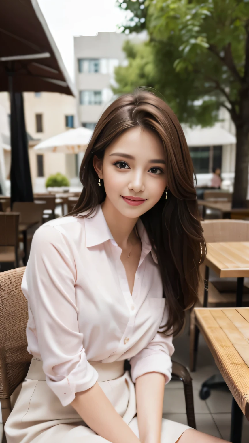 highest quality, Realistically, Very detailed, More about pubic hair, High resolution, 8k wallpaper, One beautiful woman, Pink wet lips, Light brown messy hair, Wearing a suit, shirt, White Skirt, Lock focus, Perfect dynamic composition, Beautiful Eyes, Delicate Hair, Detailed Realistically skin texture, smile, Close-up portrait, Model Body Type, On the open terrace of the cafe, blurred background, (full body shot), Take photos from a distance, Random body orientation,Sitting on a chair、