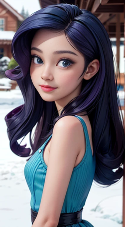 ((best quality)), ((highly detailed)), masterpiece, (detailed eyes, deep eyes), (1girl), dynamic angle, cowboy shot, mlprarity, woman, smile, looking at viewer, ((deep purple hair)), ((blue eyes)), wearing a snow white dress, elegant pose