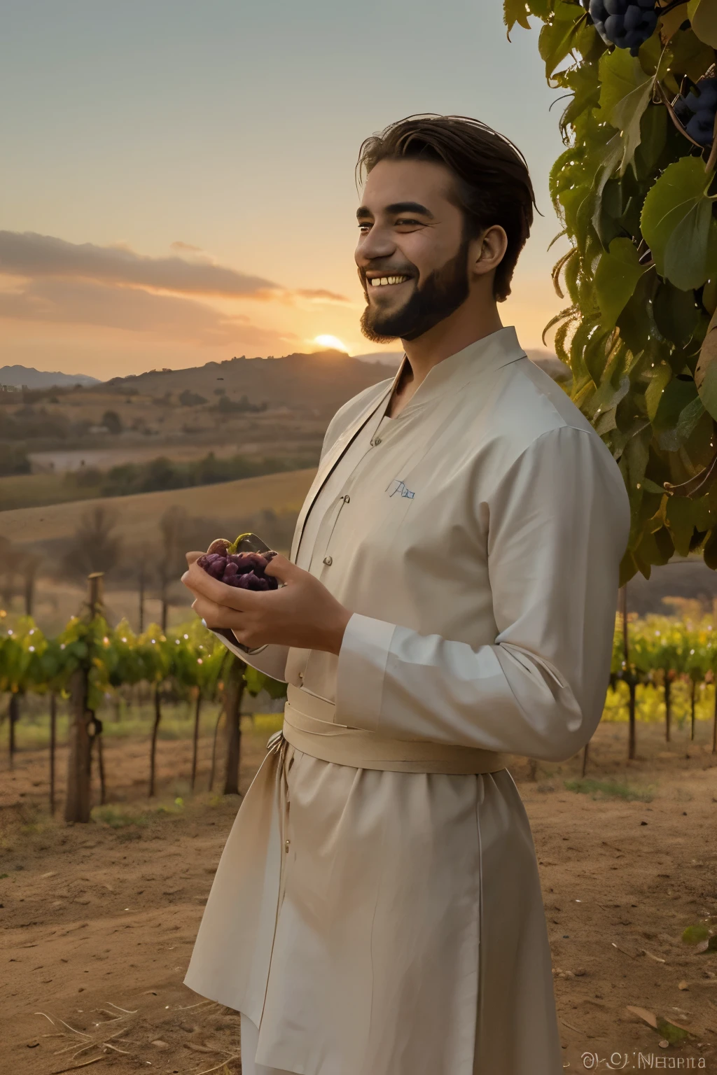 ((mejor calidad)), ((Obra maestra)), cara perfecta
((Generar la imagen con el estilo de una pintura al oleo))
A handsome young man with a beard smiling looking towards the horizon that is a beautiful sunset, who is dressed in a "Dalmatic" color roja la vestimenta, vestido de color rojo el muchacho, que es una casulla religiosa de ((color rojo)) de diacono vestimenta color roja, He is walking through some vineyards. Tiene un halo en la cabeza indicando santidad. Es importante para la imagen que ((en una mano trae un racimo de uvas)). y ((en la otra mano trae una rama de una palma de arbol)). Generar la imagen con el estilo de una pintura al oleo.
