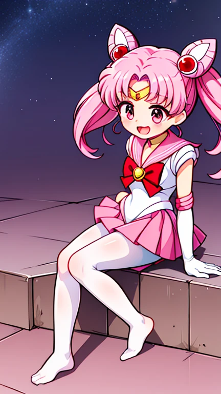 Sailor Moon,young年,Seven years old,cute,(Little ),Pink hair twintails,short hair,Sailor Suit,red bow,White elbow gloves,Red Skirt,no shoes,Open your mouth,laughing out loud,Fangs,(White pantyhose),soles of feet,Soles,(young),(little man),sit