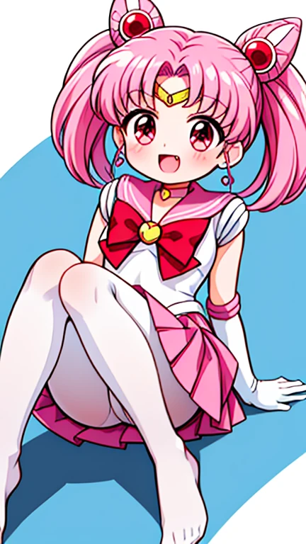 Sailor Moon,young年,Seven years old,cute,(Little Loli),Pink hair twintails,short hair,Sailor Suit,red bow,White elbow gloves,Red Skirt,no shoes,Open your mouth,laughing out loud,Fangs,(White pantyhose),soles of feet,Soles,(young),(little man),sit