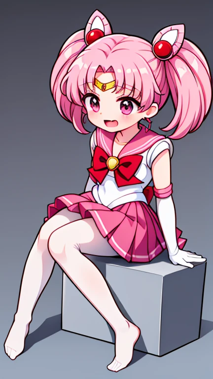 Sailor Moon,young年,Seven years old,cute,(Little Loli),Pink hair twintails,short hair,Sailor Suit,red bow,White elbow gloves,Red Skirt,no shoes,Open your mouth,laughing out loud,Fangs,(White pantyhose),soles of feet,Soles,(young),(little man),sit