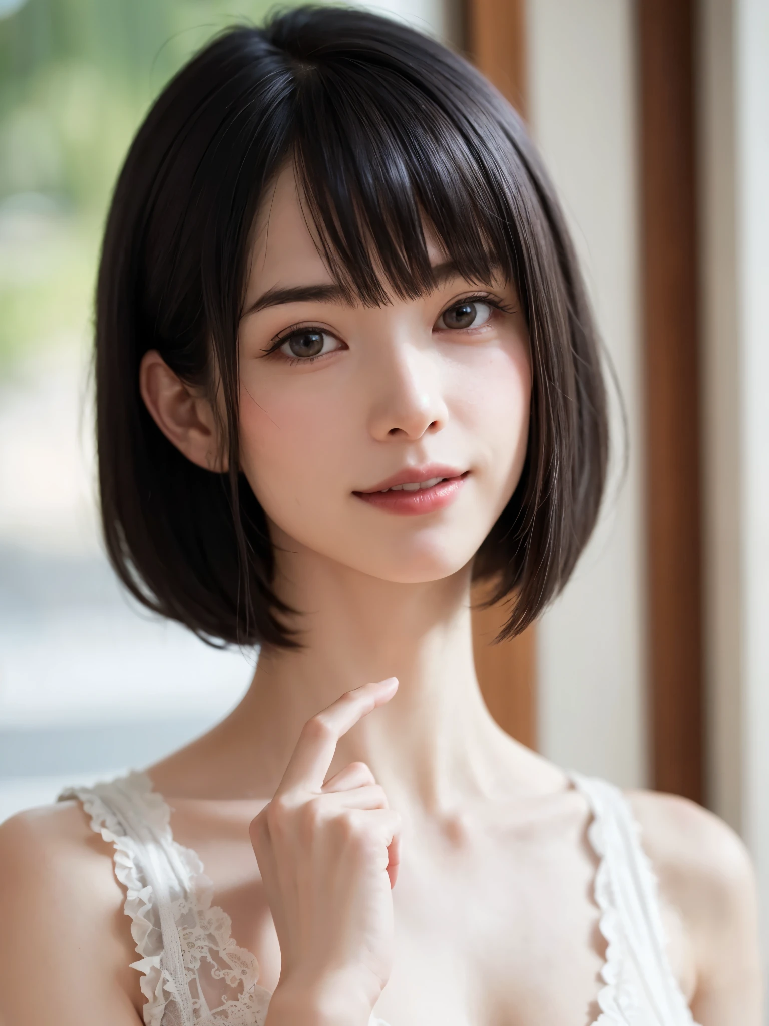 1 girl、highest quality、Realistic、alone、Written boundary depth、Natural soft light、Daytime、charm、Beautiful Face、Cleanliness、Pure Face、White skin、cute、short hair、bright hazel eyes:1.6、Beautiful Lips、bangs、Beach、Light of the sun、Nedium Breast Body Esbian、((黄金比のBeautiful Face、 対称性のあるBeautiful Face))、Long neck、show me your ears、Stick out your ears。bangsのあるきれいな短いボブヘア、smile with your mouth closed、Perfect hands指、Perfect hands、Perfect body、Perfect Face、Shine a light into your eyes、Perfect Anatomy:1.6、とてもcuteスーパーモデル:1.6、{Huge|big|Hugeな|Mega} chest, chestの谷間、smile:1.6、Very beautiful teeth:1.6