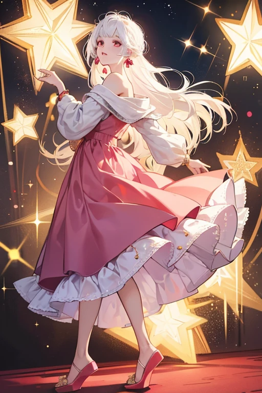 She has red eyes and wears a long dark pink dress and light green slippers. She has gold earrings and white hair. SPARKLE; GLITTER