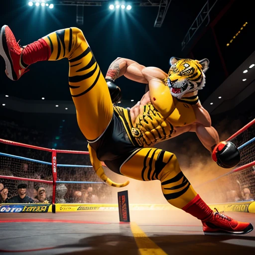 tiger mask creature, Muay Thai style, yellow and red colors, kicking pose, full body, Animal Anthropomorphism, realistic digital, humanoid, abstract background, global illumination, intricate, epic, dramatic, masterpiece, high detail, best quality, ultra high res, massive penis