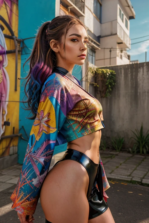 (8k, artistic photography, melhor qualidade, obra de arte: 1.2) fechar-se, colorful painting of a standing cyberpunk girl, oculos de sol, sapatos de salto alto, ((Latex Kimono-crop top)), figura de ampulheta perfeita,low angle view, (((arte do grafite) (por Carne Griffiths))), fundo cinzento escuro da parede, detalhes insanos, detalhes intrincados, hiperdetalhado, soft cinematic light, cores escuras, Exposure Mix, HDR, frente, aquarela, trends on Artstation, sharp focus, studio photo, detalhes intrincados, Altamente detalhado