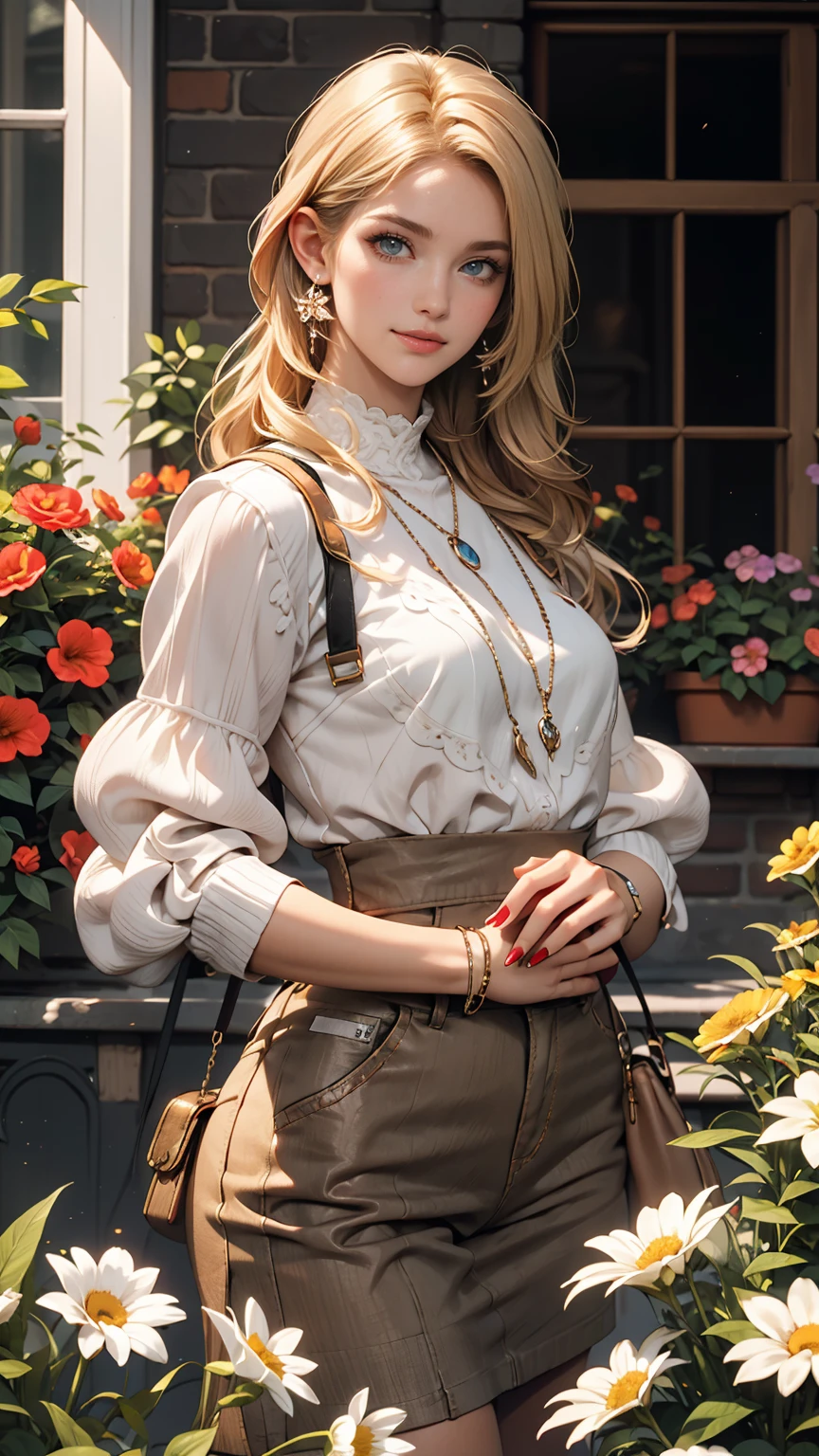 ((最high quality, 8K, masterpiece: 1.3, Ultra HD, high quality, 最high quality, High resolution, realism)) 、A 22-year-old extremely beautiful white woman、Her hair color is platinum blonde、blue eyeedium Hair、Straight Hair、The hair is shiny、The skin is lustrous、smile、Slender but well-proportioned, slim and muscular body、Athlete-like body type、I want my head to stay off screen、Wearing accessories on the wrist、Wearing red nail polish、I have a peticure、English house with garden、gardening((Replanting floweraintenance))、Anatomically correct、((anatomically correct))、Ultra high definition((UHD))、Textured skin((textured skin))、Very detailed((super detail))、High detail((high details))