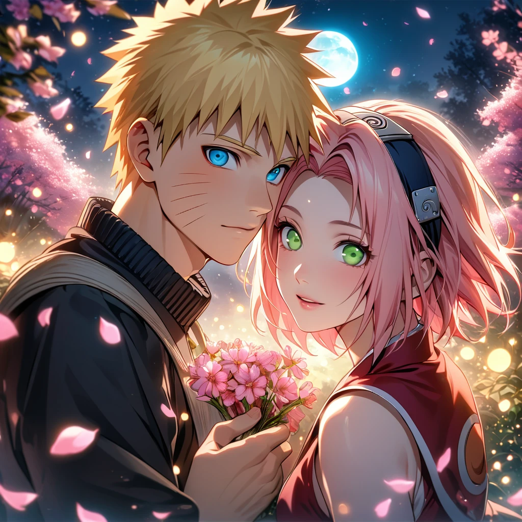 Ultra detailed, highres, absurdres, HDR, Haruno Sakura, pink short hair, green eyes, Uzumaki Naruto, blue eyes, blond hair, Naruto Shippuden, pink flowers, petals, fireflies, moon, 1 woman together with 1 man, couple, handsome, beautiful, very detailed face and eyes