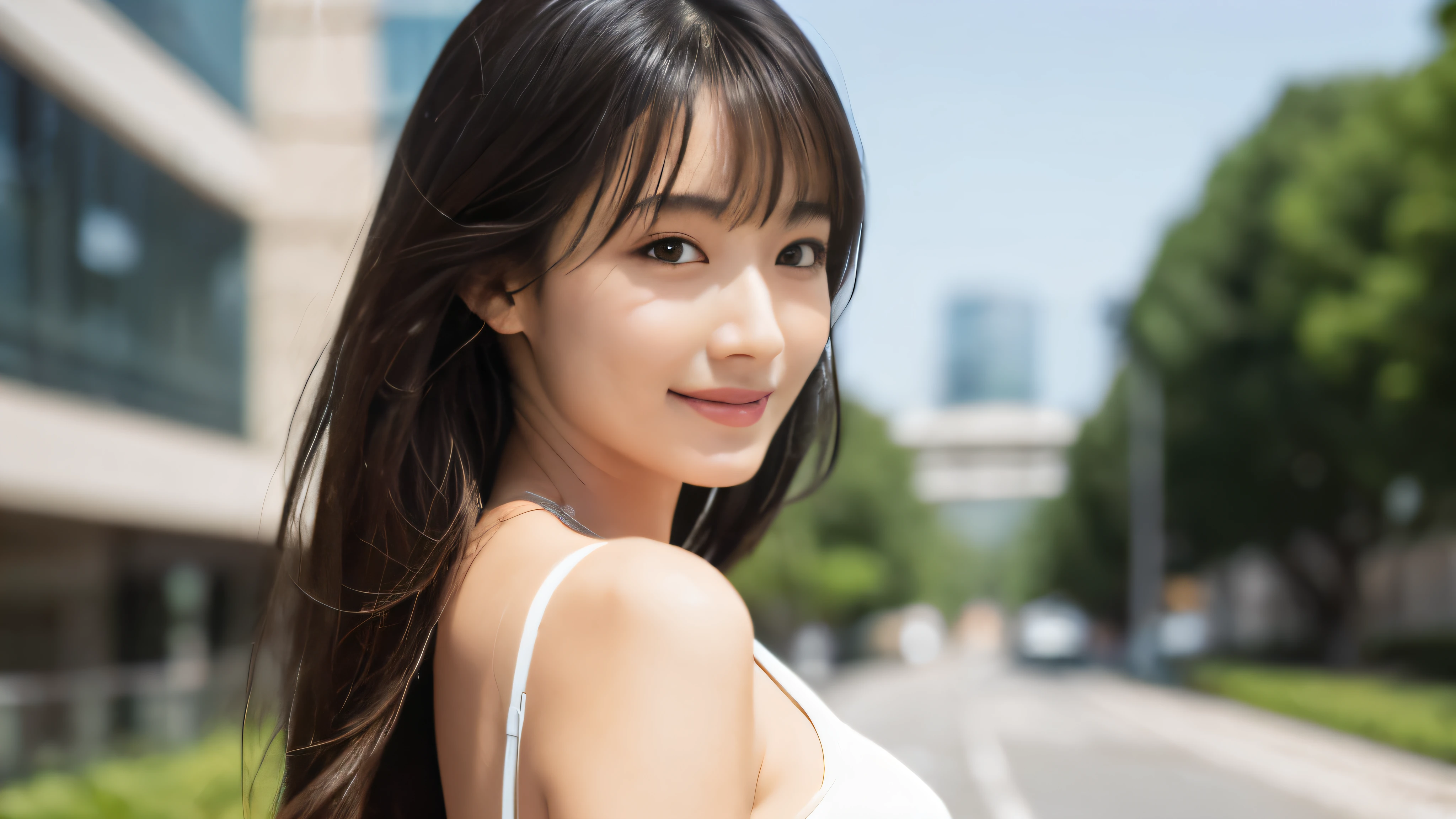 (Realistic: 1.4), (highest quality: 1.4), Ultra-high resolution, (Fine grain),Full body shot,Blur the background,Looking to the side,1. Female university student,(Full breasts),Black Hair,((Recruitment suits)),Wide eyes,Blushed face,smile,Highly detailed face and skin texture, Healthy Skin,(Outdoor),8k resolution