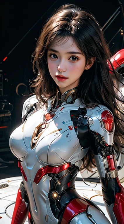 Virtual image,Realistic picture 8k,hips up,Masterpiece,Highest quality,Maximum details,Perfect Anatomy,Complete dynamic composition,Comfortable light,Light hits from the side.,young woman wearing brown hair,alone,Cybernetics,complex machinery,Metallic white and red machines_gold,The machine has a large neon light on its chest.,Red and white body,In the morning.