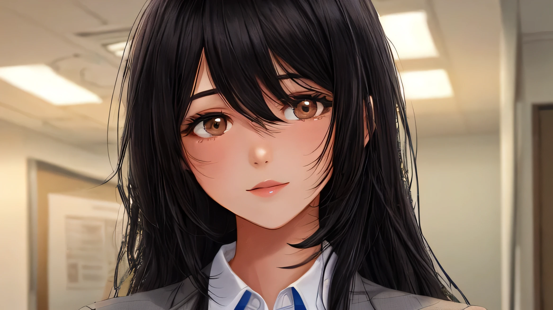 woman 1 person Around 30 years old Office lady suit Tired look Black Hair Semi-long hair big breasts Depicted from the waist up Detailed facial expression depiction Detailed hair depiction Dimly lit room