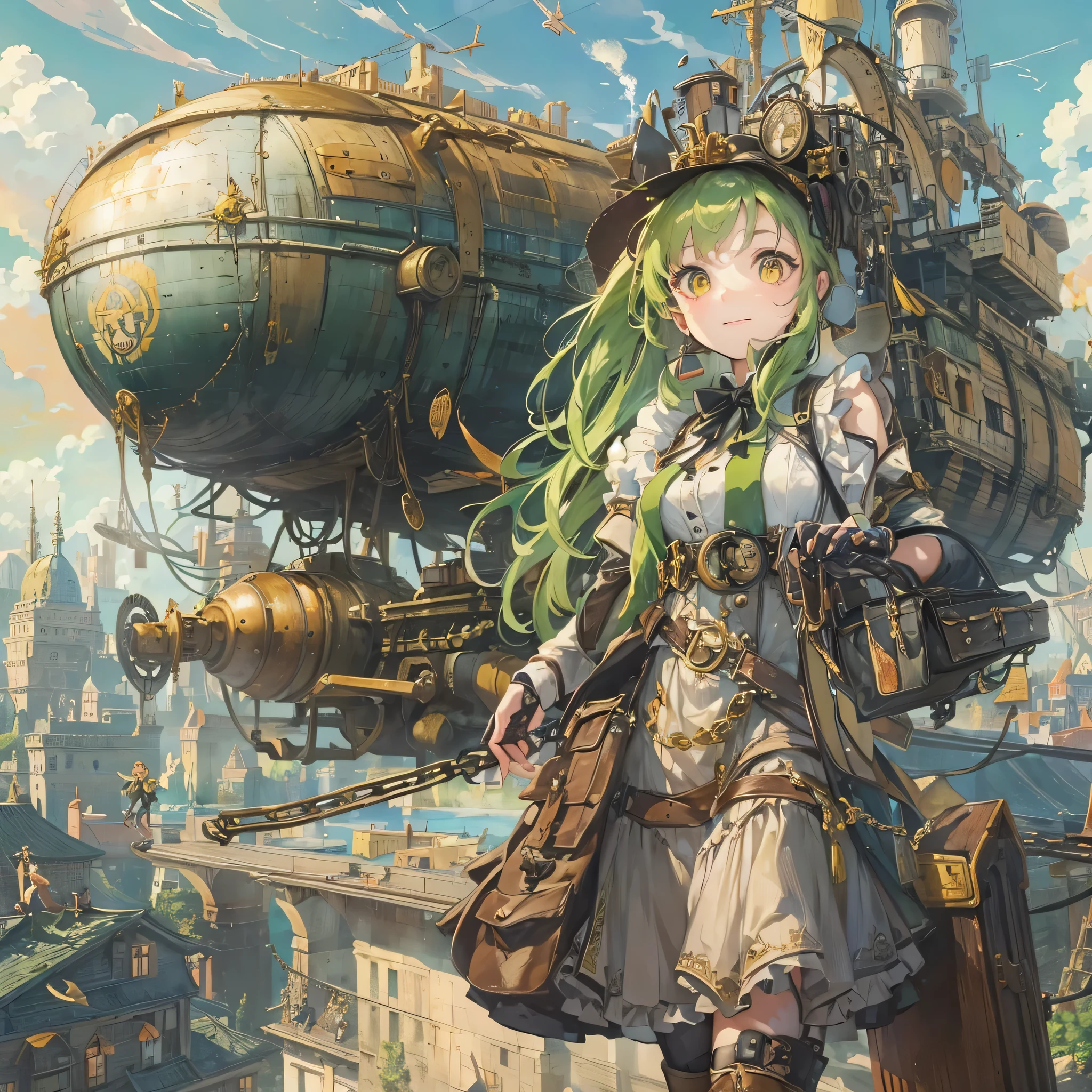 perfect anatomy, masterpiece:1.4, highres, 16k, (detailed mechanical:1.4 city, filled with steam:1.3) (in the steampunk:1.5 city), ((the background biggest Mechanical airship)), break, (traveller style)
(from-side profile, wide-angle:1.3) (solo:1.3 ponytail green hair long hair cute girl), ((15 yo)), (cute yellow eyes, love:1.2 smile), break, (in a summer maid ribbon suit, pretty skirt), (have a Travel bag).